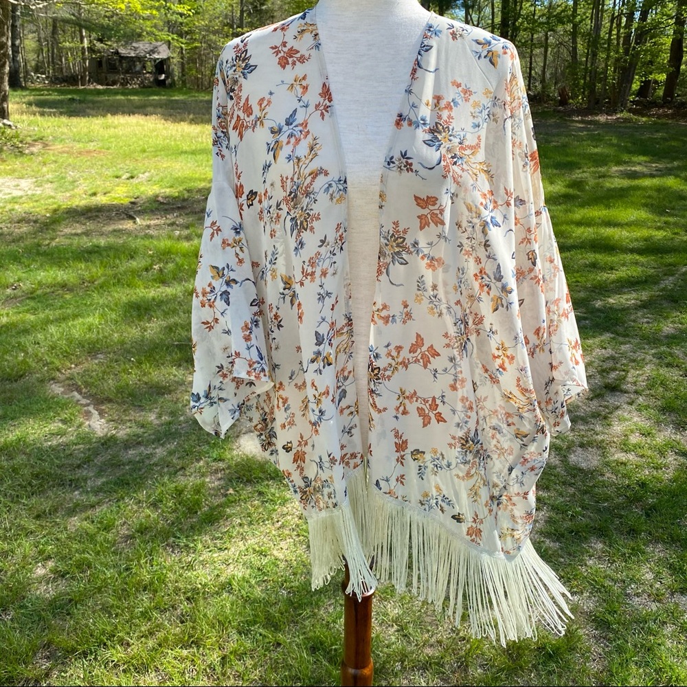 BISHOP + YOUNG TOP OPEN KIMONO CREAM GOLD BOHO FRINGE SIZE S/M